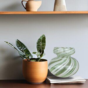 Vintage Murano Style Art Glass Vase Jade Green and White Swirl Pattern Striped